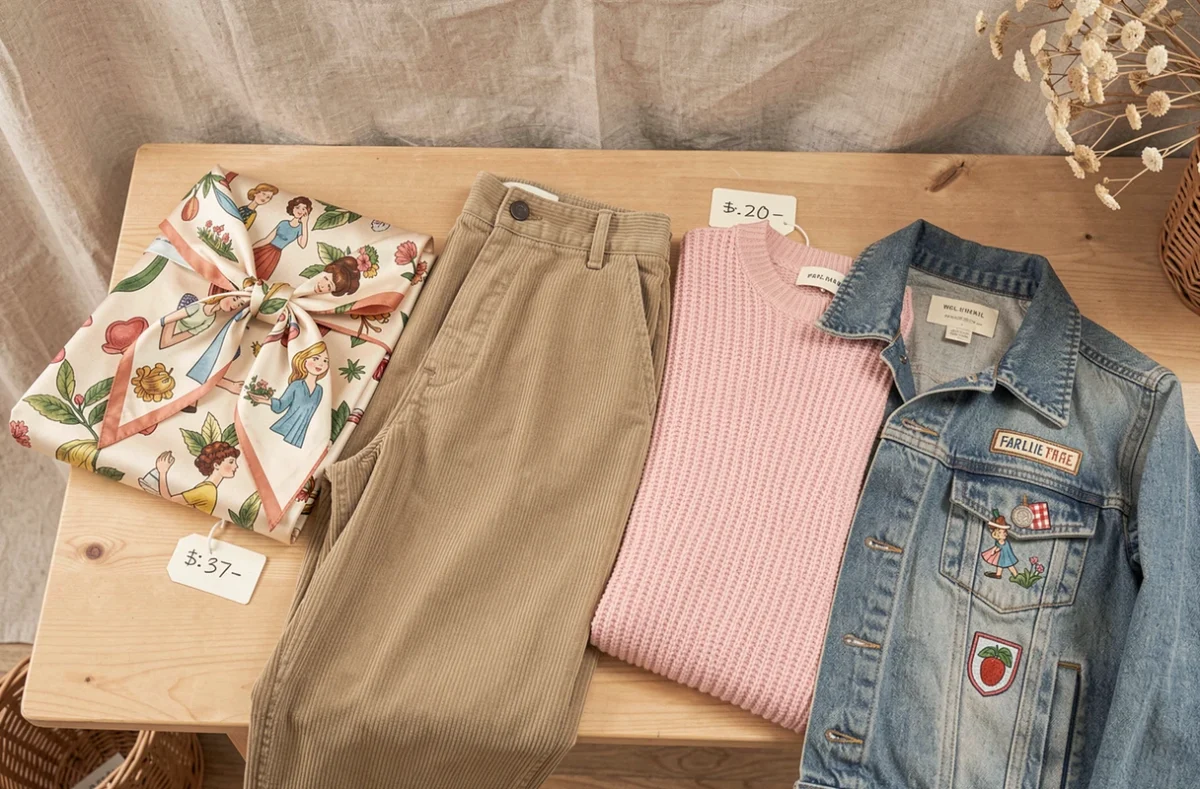 Flat-lay de vêtements vintage femme pas cher soigneusement disposés sur une table en bois avec étiquettes de prix