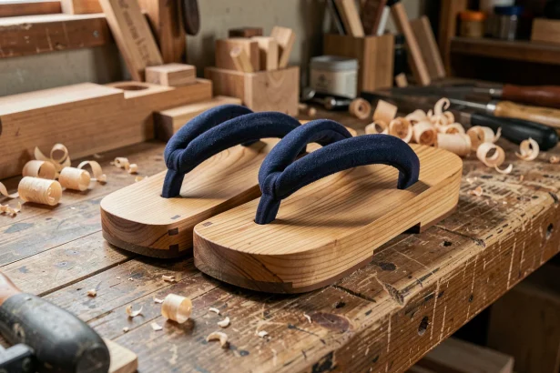 Paire de geta japonaises artisanales en bois de paulownia posée sur un établi d'artisan à Kyoto, avec détails de tenons sculptés à la main et sangles en coton indigo