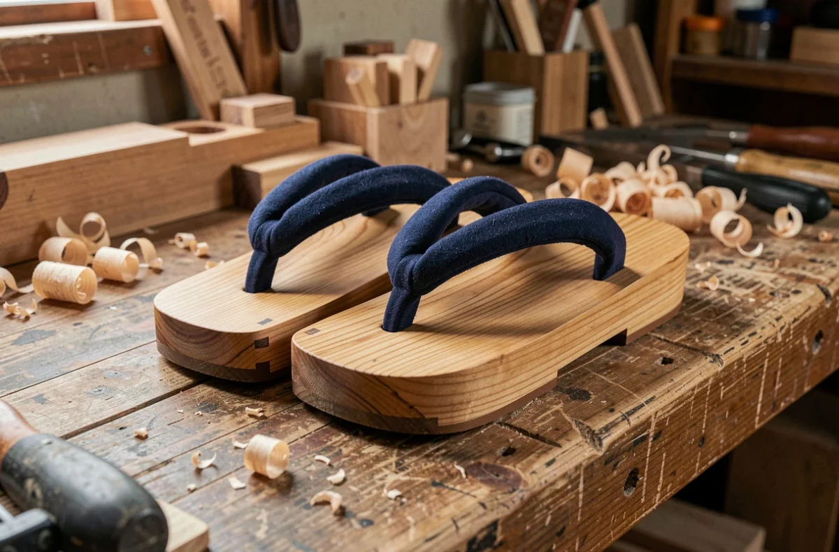 Paire de geta japonaises artisanales en bois de paulownia posée sur un établi d'artisan à Kyoto, avec détails de tenons sculptés à la main et sangles en coton indigo