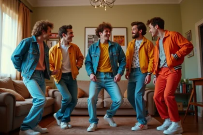 Cinq hommes en costumes colorés des années 80 en pose joyeuse