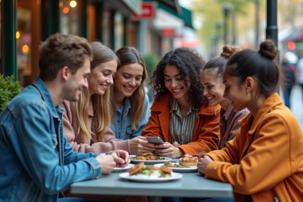 Jeunes adultes en streetwear dans un café urbain dynamique