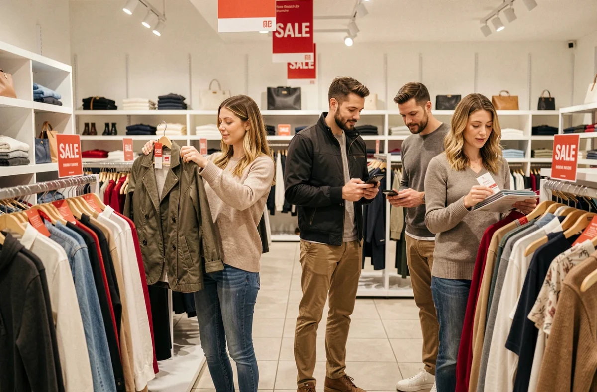 Groupe de personnes faisant du shopping dans un magasin pendant les soldes