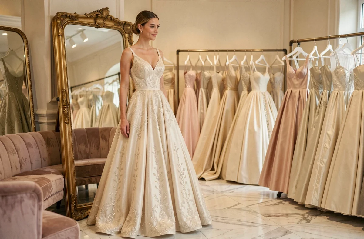 Femme en robe de bal sur mesure dans la boutique couture Hanna Chic Couture Paris