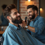 Homme barbu souriant chez le barbier avec rasage précis