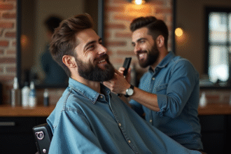 Homme barbu souriant chez le barbier avec rasage précis