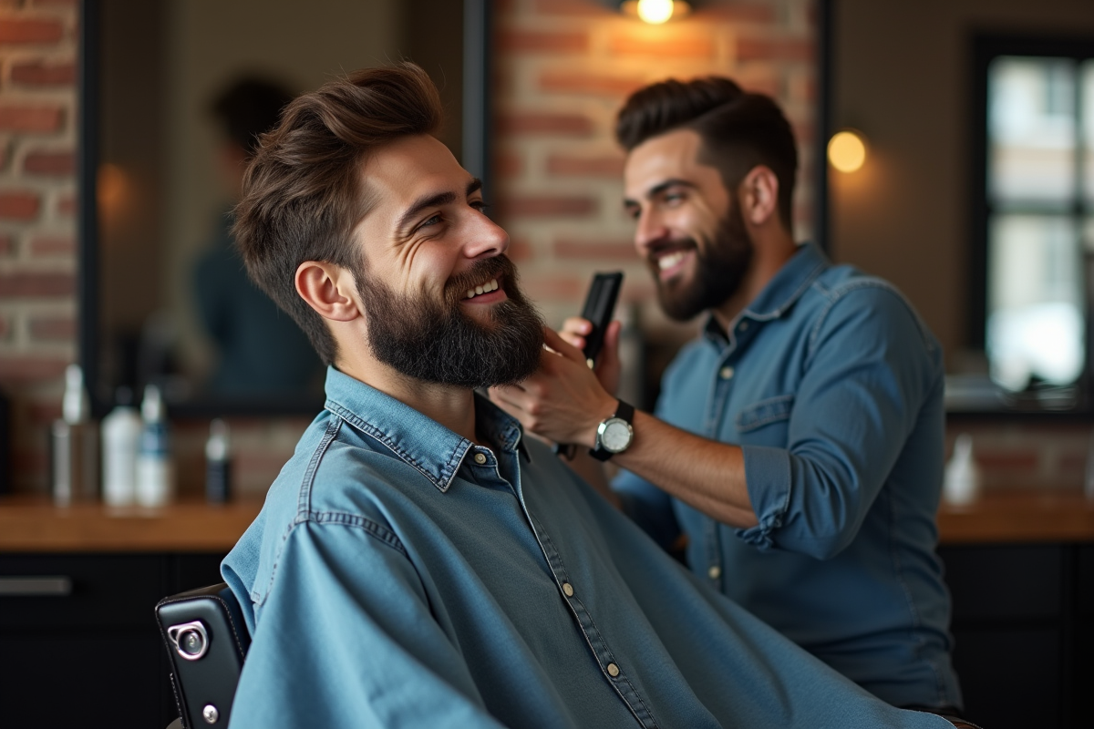 Homme barbu souriant chez le barbier avec rasage précis