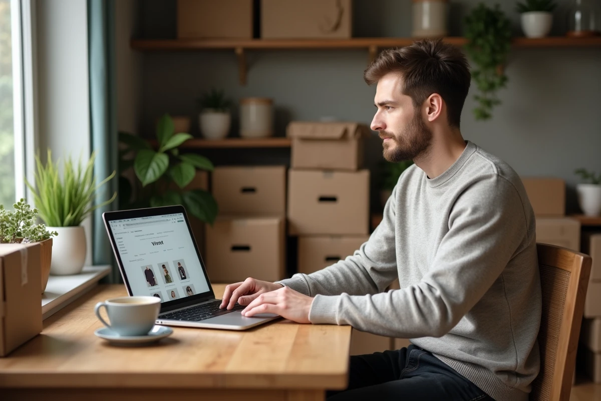 Homme travaillant avec ordinateur et colis dans une cuisine chaleureuse