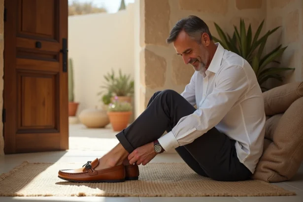 Homme en linen slipant des babouches artisanales dans une ambiance sereine