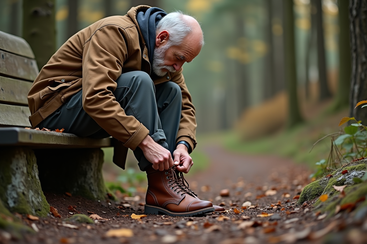 Homme âgé lace ses bottes robustes en forêt lors d