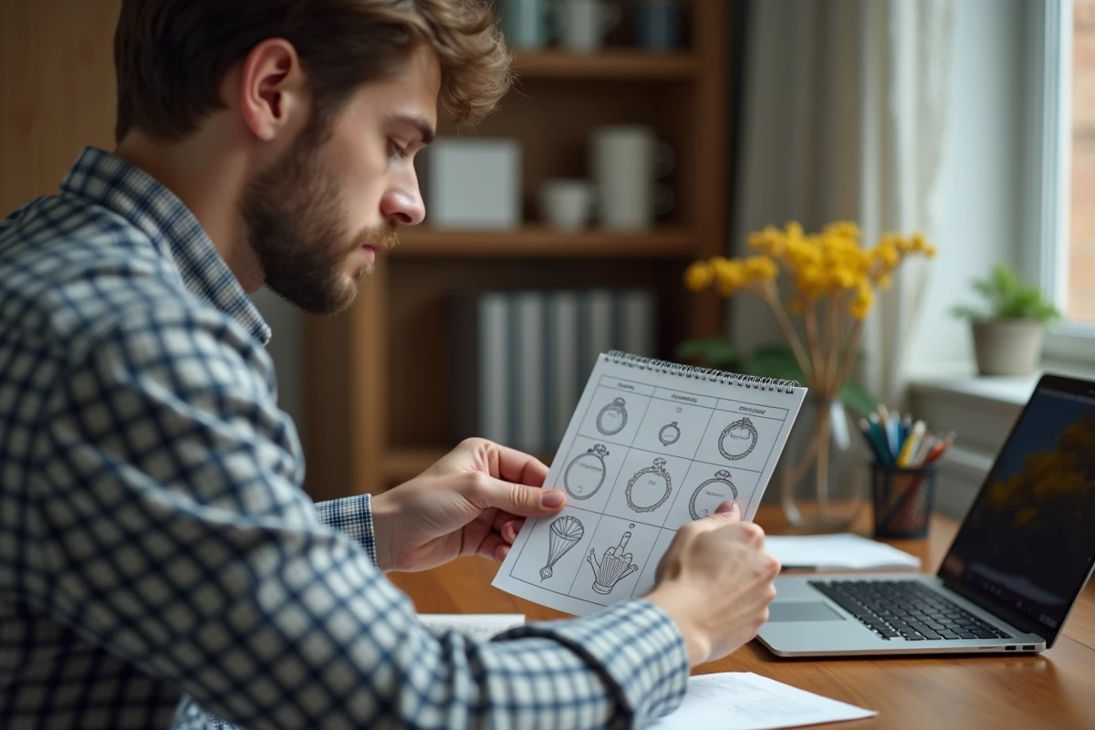 Jeune homme vérifiant sa taille de bague avec un gabarit papier