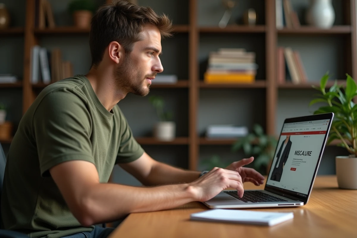 Homme consultant des codes promo et promotions Kiabi sur un ordinateur portable depuis son bureau à domicile