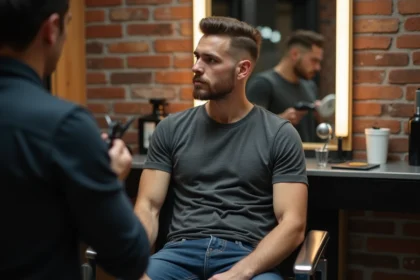 Homme en coiffure de barbershop moderne avec fade