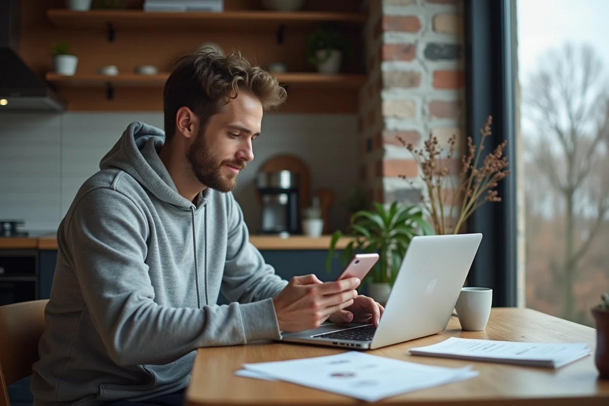 Homme comparant les offres de soldes et du Black Friday sur ordinateur portable et smartphone à domicile