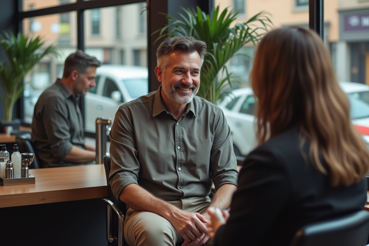 Homme discutant avec un coiffeur dans un salon moderne