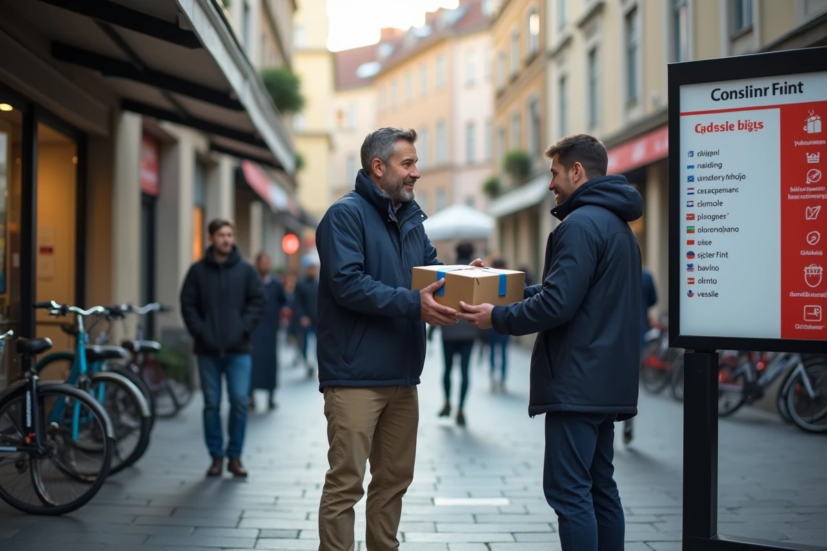 Homme remettant un colis à un employé dans une rue urbaine