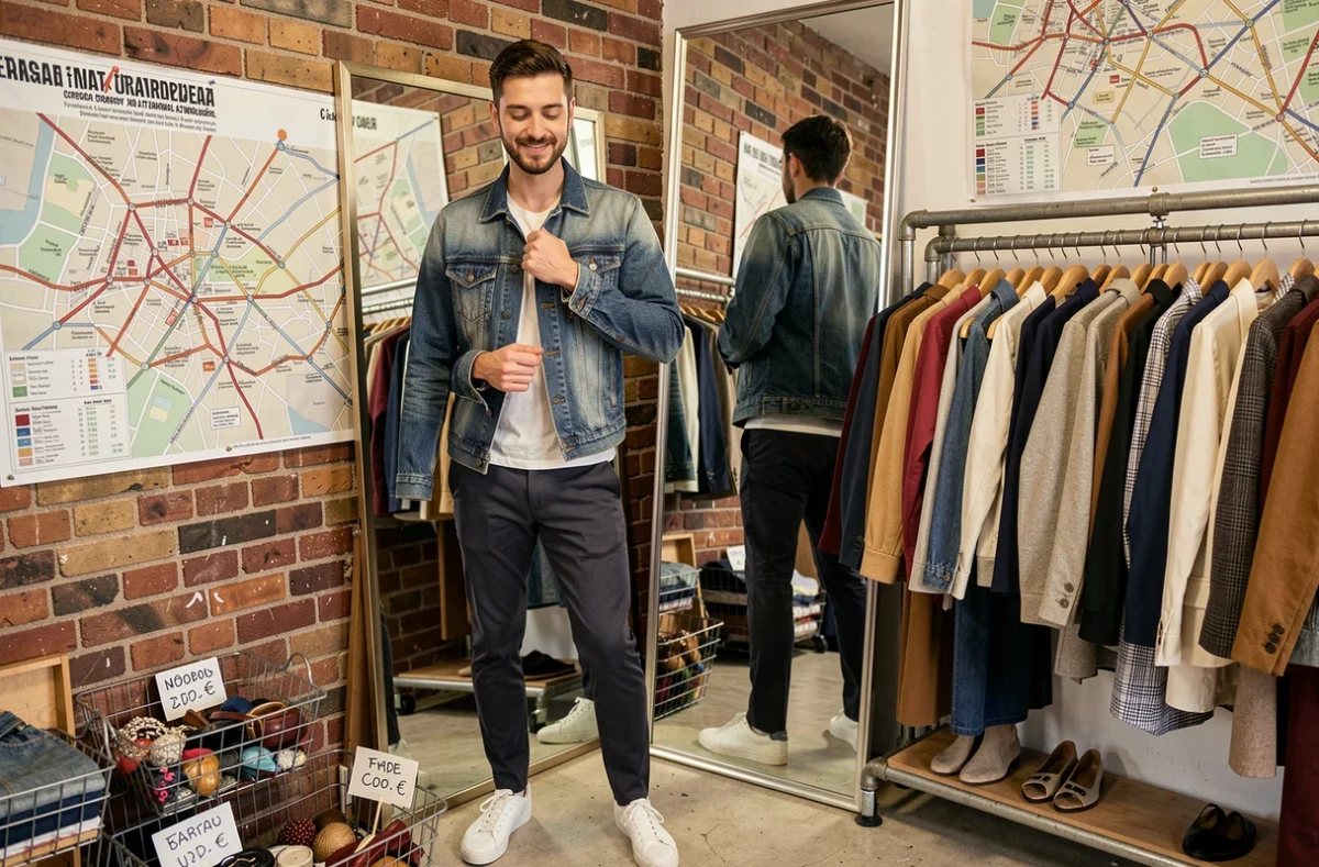 Homme essayant une veste en jean vintage devant un miroir dans une friperie de Strasbourg, décor urbain avec plan du réseau de trams