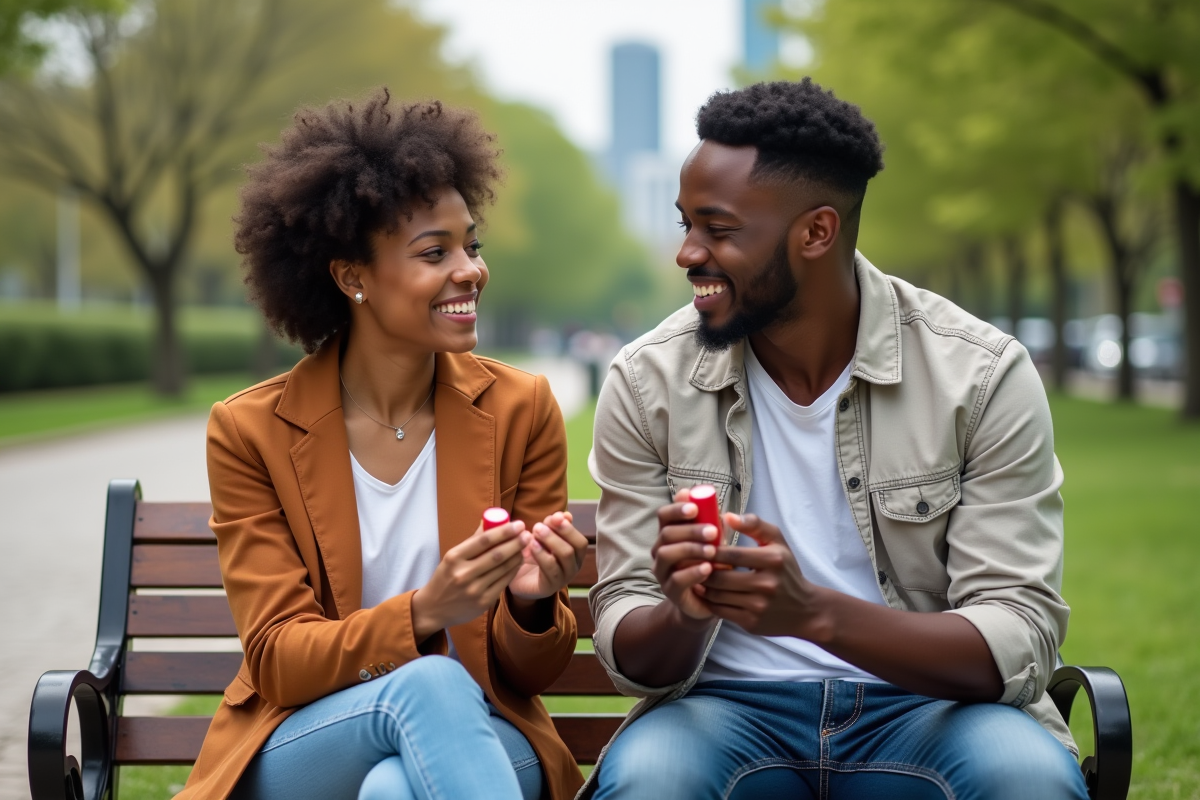 Un homme et une femme souriants appliquent du rouge à lèvres en plein air