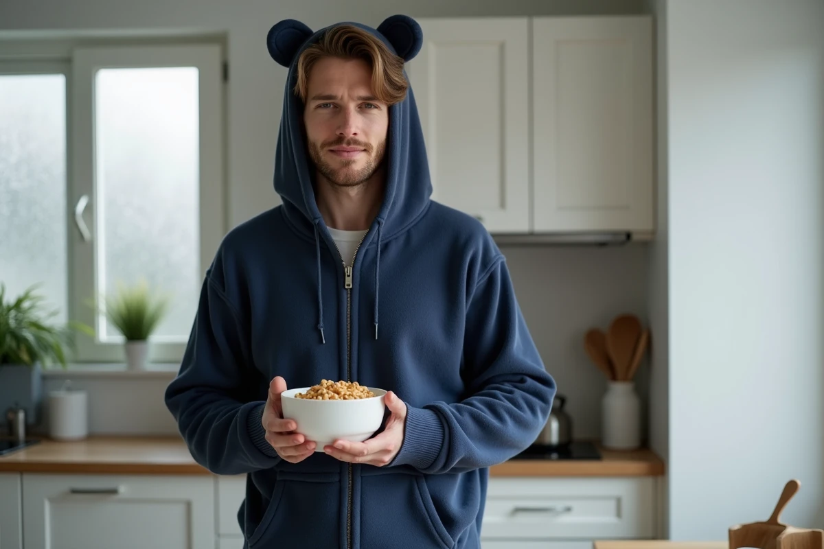 Homme jeune en grenouillère bleue à capuche oreilles d'ours dans une cuisine moderne le matin
