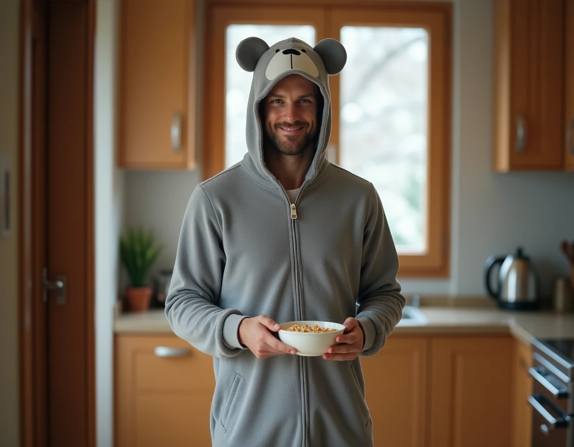 Homme en grenouillère grise avec capuche oreilles d'ours debout dans une cuisine lors d'une matinée d'hiver