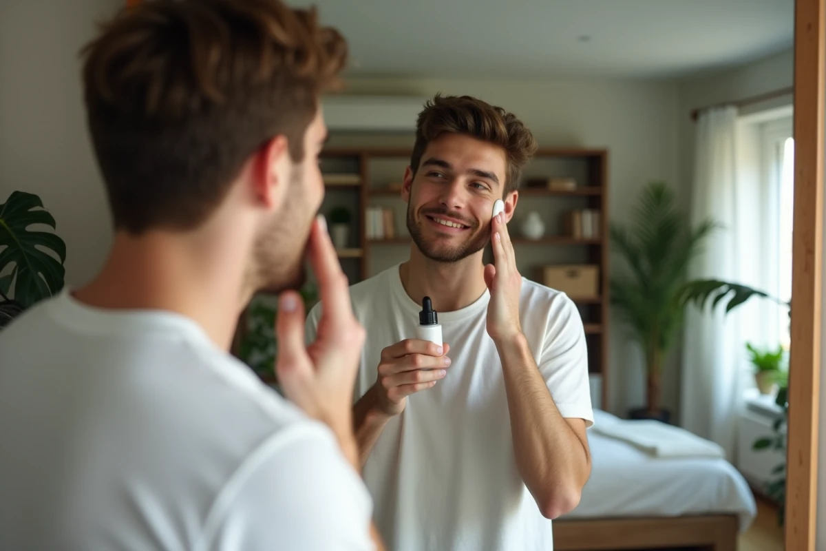 Homme appliquant serum visage devant miroir