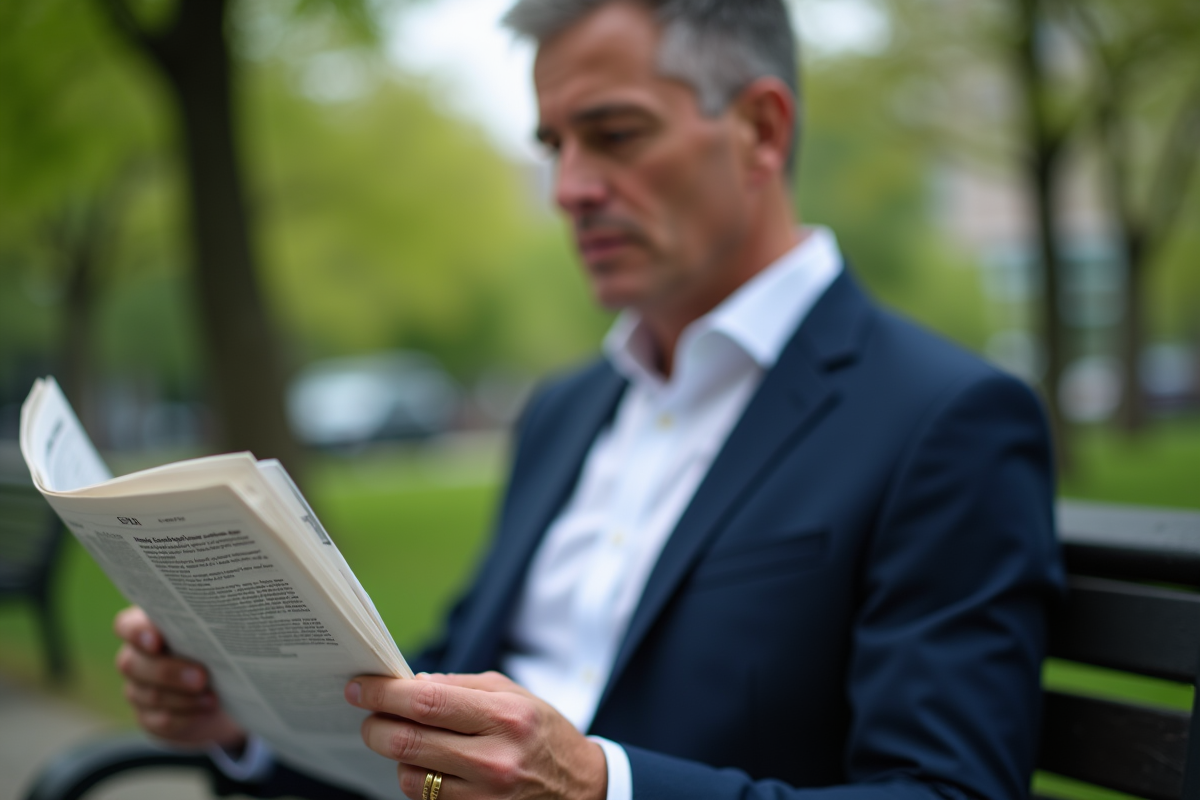Homme lisant un journal avec bague en ville