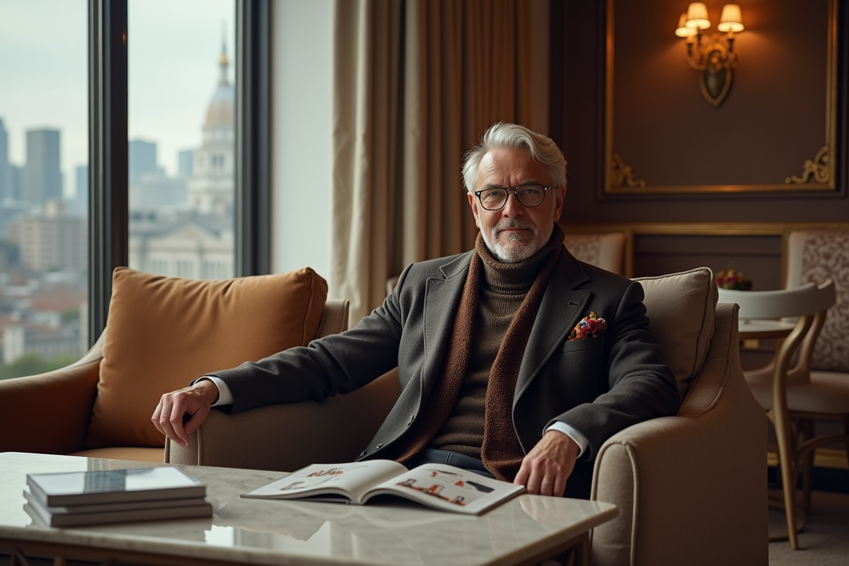 Homme d affaires en lounge avec magazine de luxe