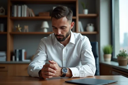 Homme regardant une montre de luxe dans un bureau moderne