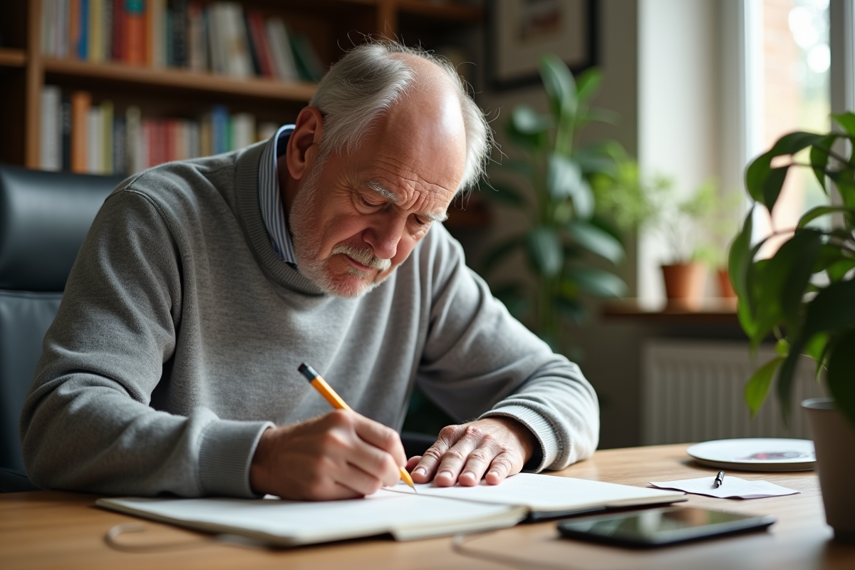 Homme âgé prenant des mesures dans un carnet avec un ruban