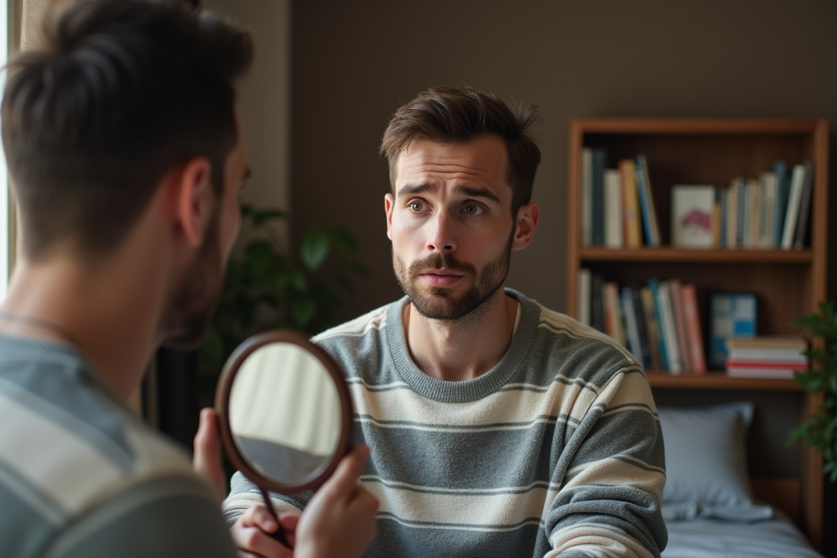 Homme regardant sa coupe de cheveux dans un miroir