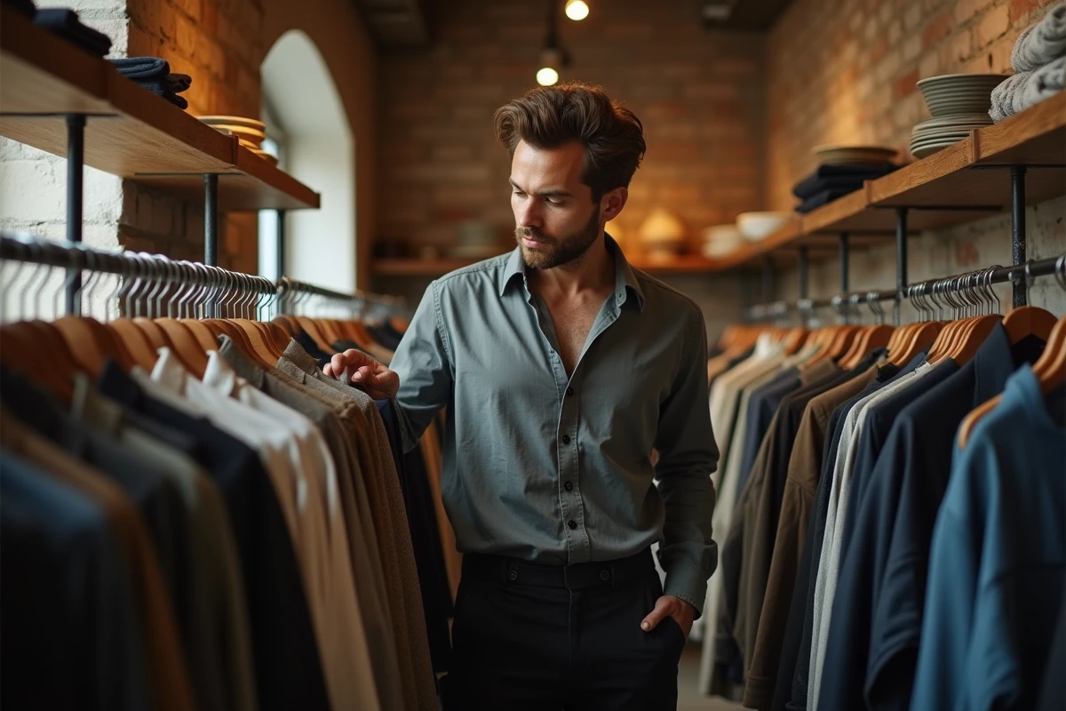 Homme dans la trentaine explorant des vêtements alternatifs dans une boutique indépendante aux murs en briques apparentes