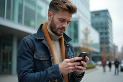 Homme en streetwear tendance vérifiant son smartphone en ville