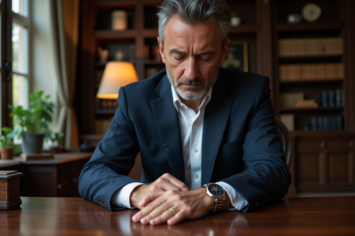 Homme d'âge moyen examinant une montre classique dans un bureau élégant