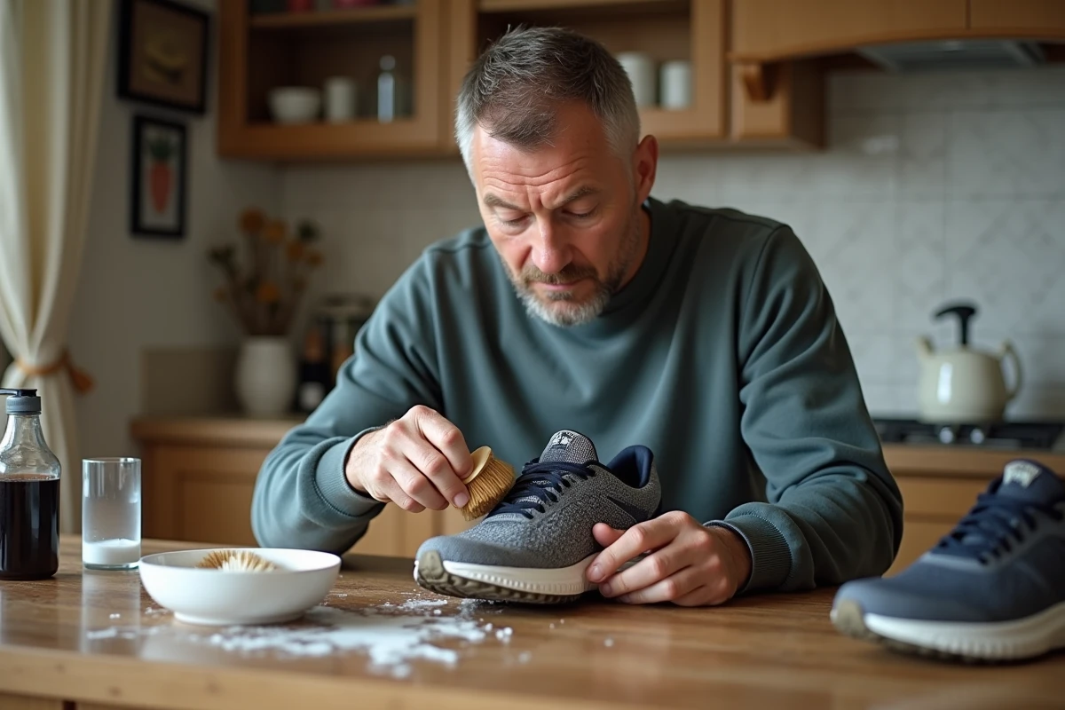 Homme nettoie des chaussures de course à la maison