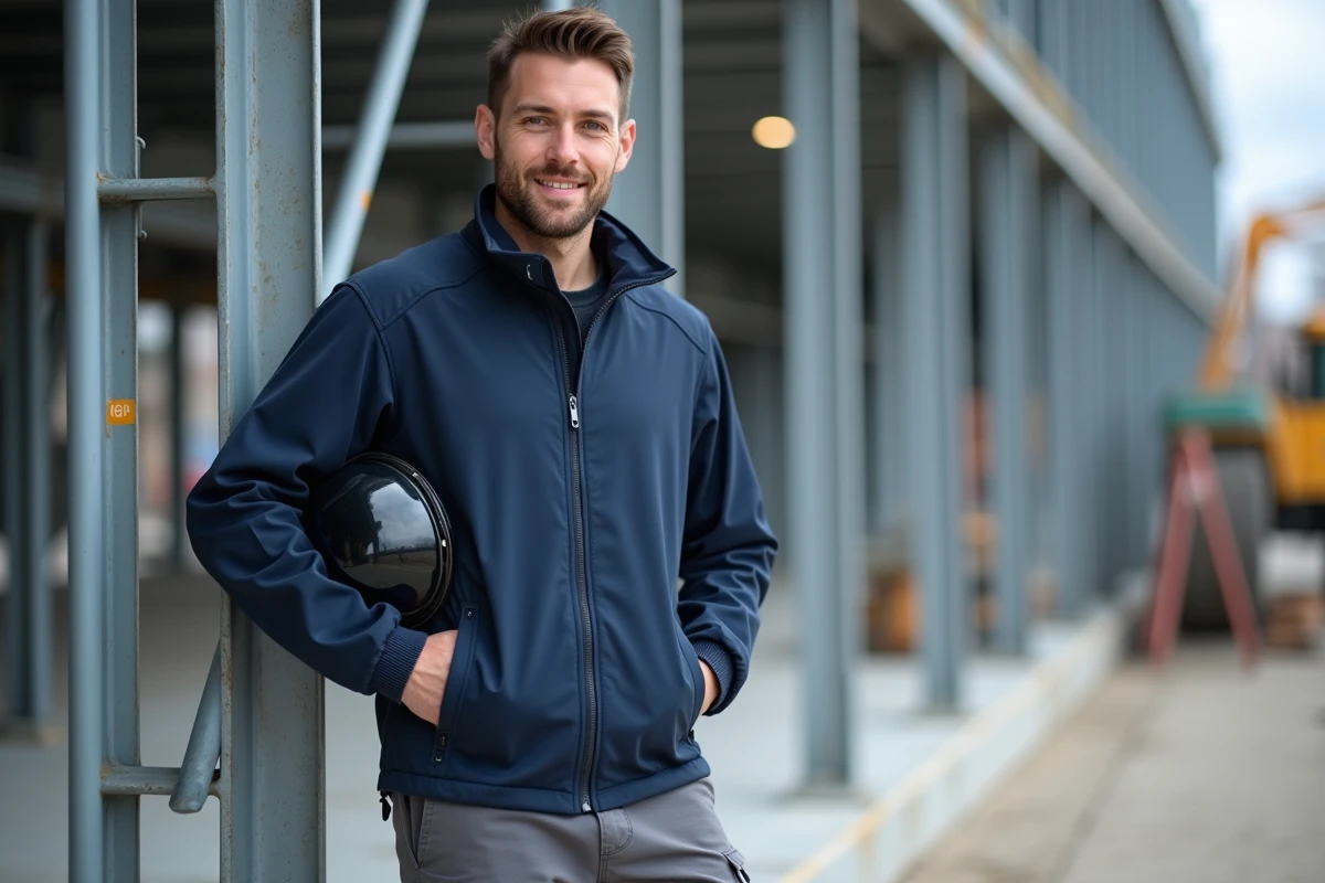 Homme en softshell bleu et pantalon gris sur site industriel
