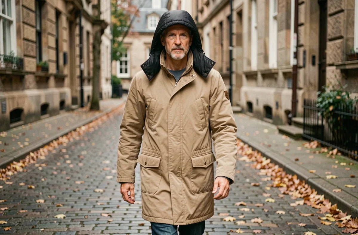Homme portant un vieux parka beige transformé avec une capuche doudoune noire amovible dans une rue pavée en automne