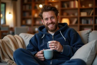 Homme en pyjama grenouillère bleu marine bien au chaud sur un canapé confortable avec une tasse de thé chaud en hiver