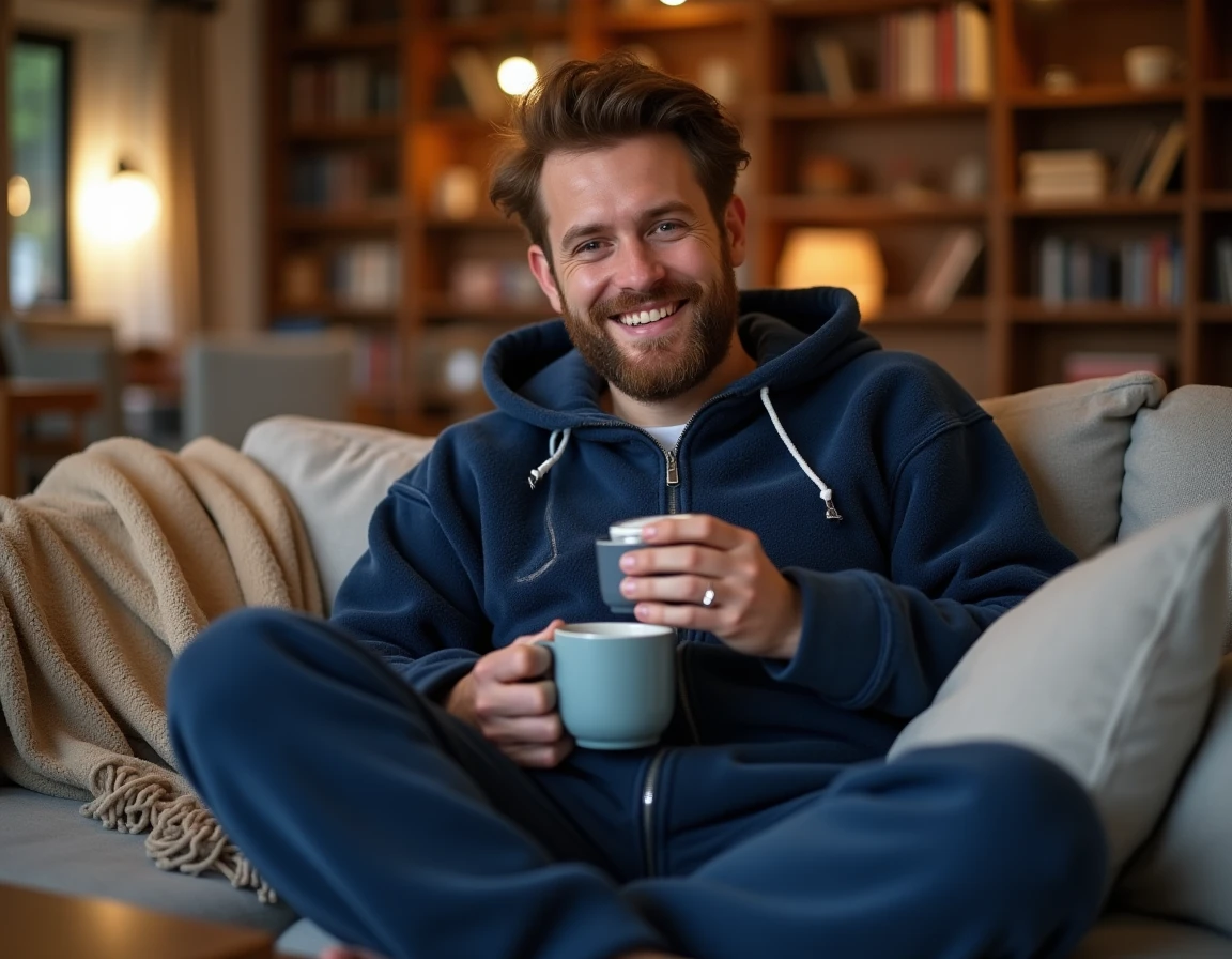 Homme en pyjama grenouillère bleu marine bien au chaud sur un canapé confortable avec une tasse de thé chaud en hiver
