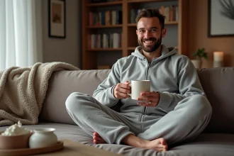 Homme en pyjama grenouillère grise assis sur un canapé avec une tasse, ambiance cosy à la maison