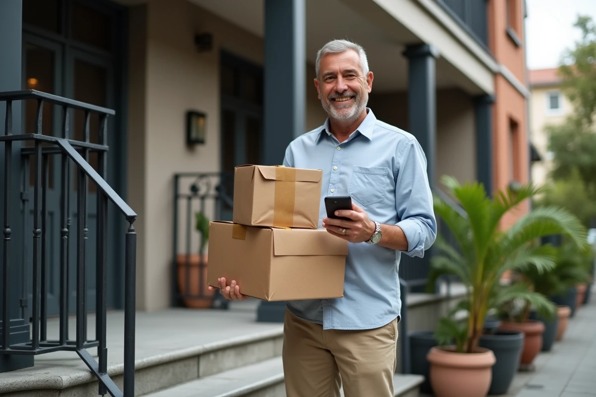 Homme souriant recevant des colis sur son balcon en ville