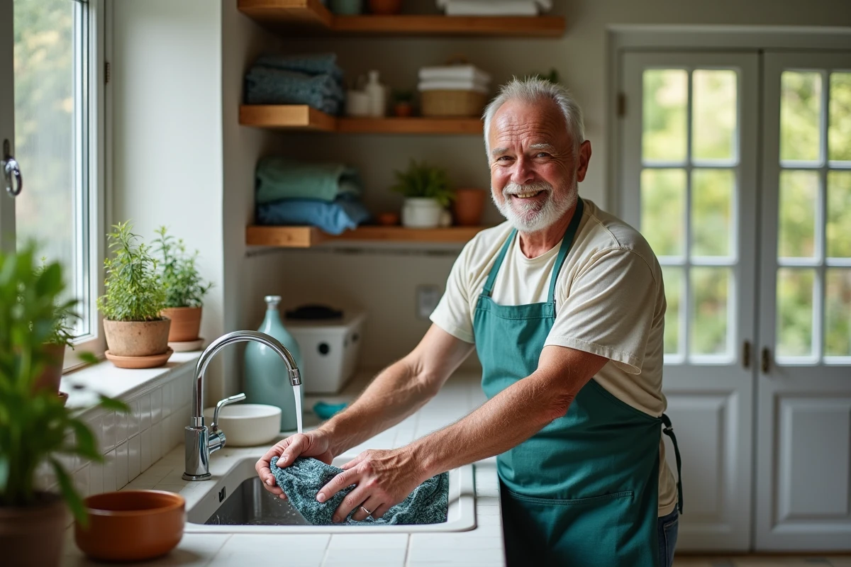 Homme âgé rinçant une écharpe teinte dans un lavabo