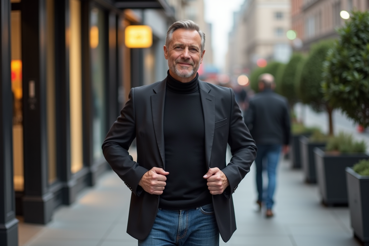 Homme en blazer et jean dans une rue urbaine animée