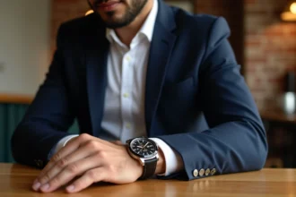 Homme en costume portant une montre moderne dans un café