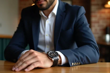 Homme en costume portant une montre moderne dans un café