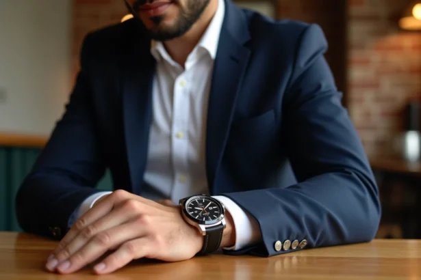Homme en costume portant une montre moderne dans un café