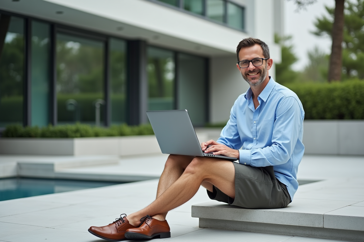 Homme d affaires travaillant en extérieur sur une terrasse