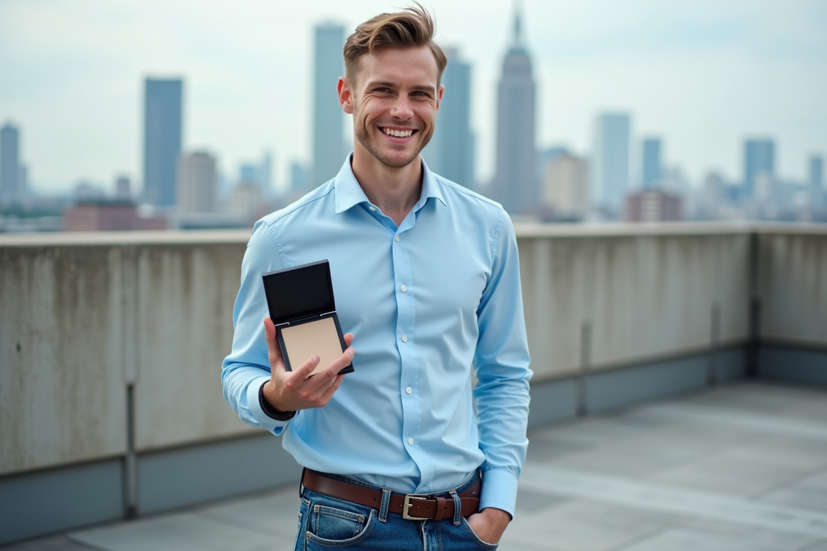Homme souriant avec palette maquillage en extérieur