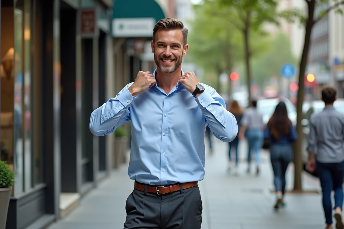 Homme en ville ajustant son col avec coiffure nette
