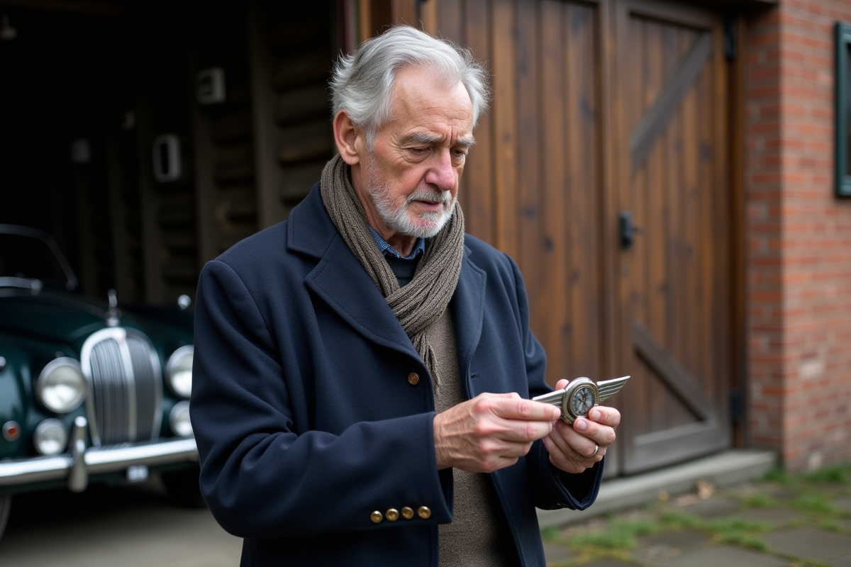 Homme examine badge de voiture vintage en extérieur