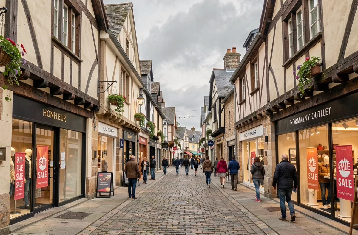 Village outlet Honfleur Normandy Outlet avec ses façades normandes à colombages et ses boutiques de marques