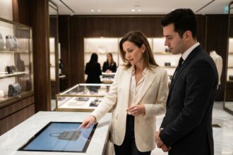 Cliente élégante interagissant avec une interface numérique tactile dans une boutique de luxe aux finitions en marbre et bois sombre
